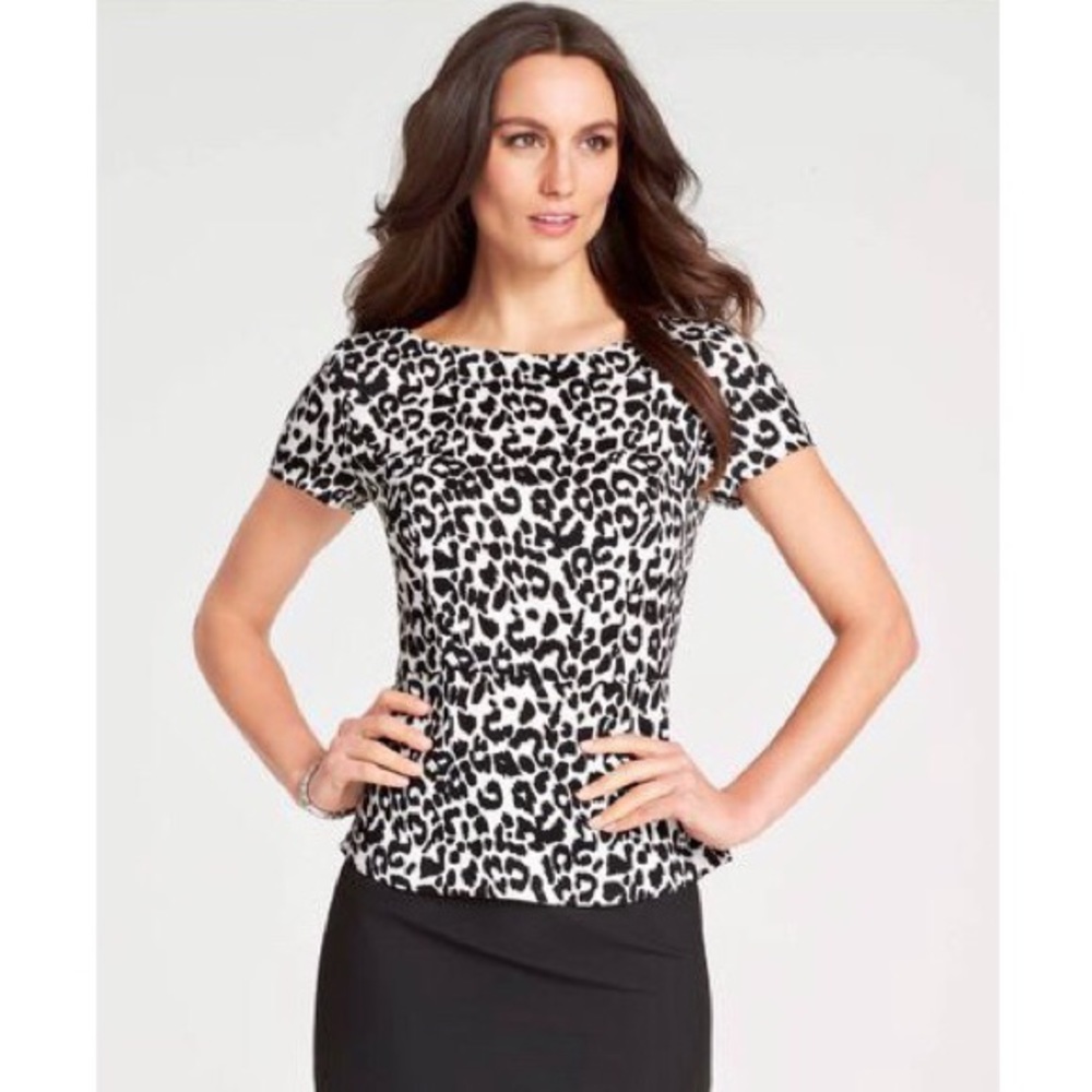 Ann Taylor Leopard Print Peplum Top Black and White